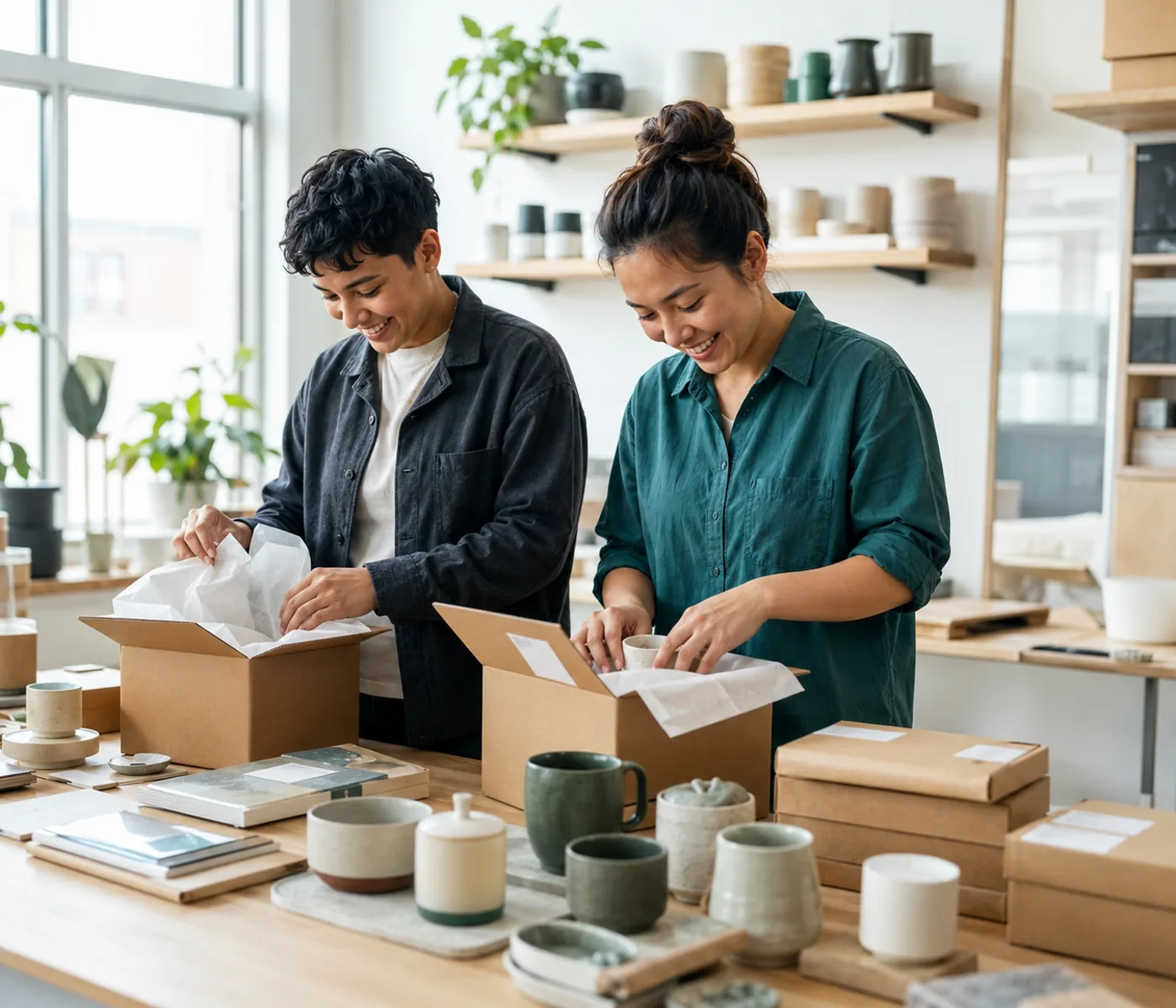 Independent makers packing handmade ceramic orders