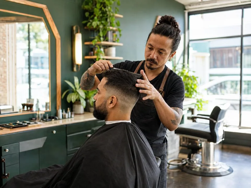 Independent barber working with a client
