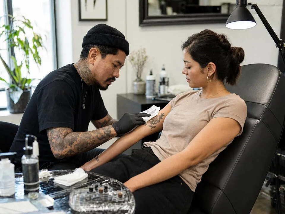 Tattoo artist caring for a client
